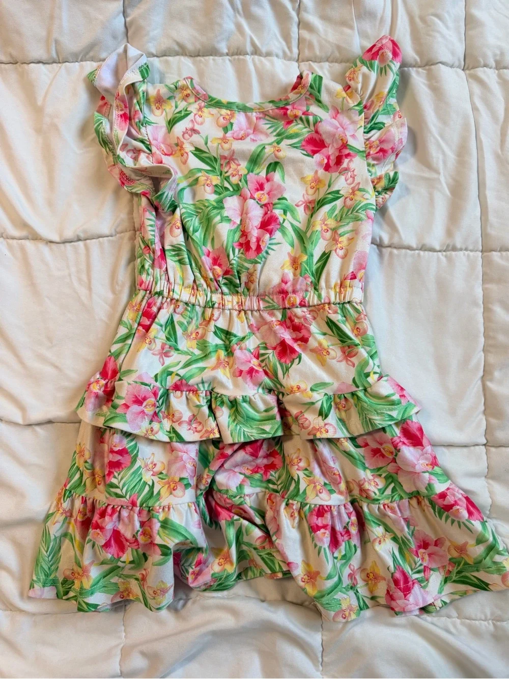 Floral Ruffle Tiered Girls Dress - Pink & Green